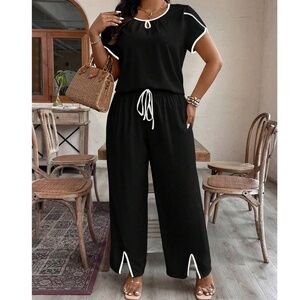 Plus Short Sleeve top Colorblock Wide Leg Lounge Pants Set